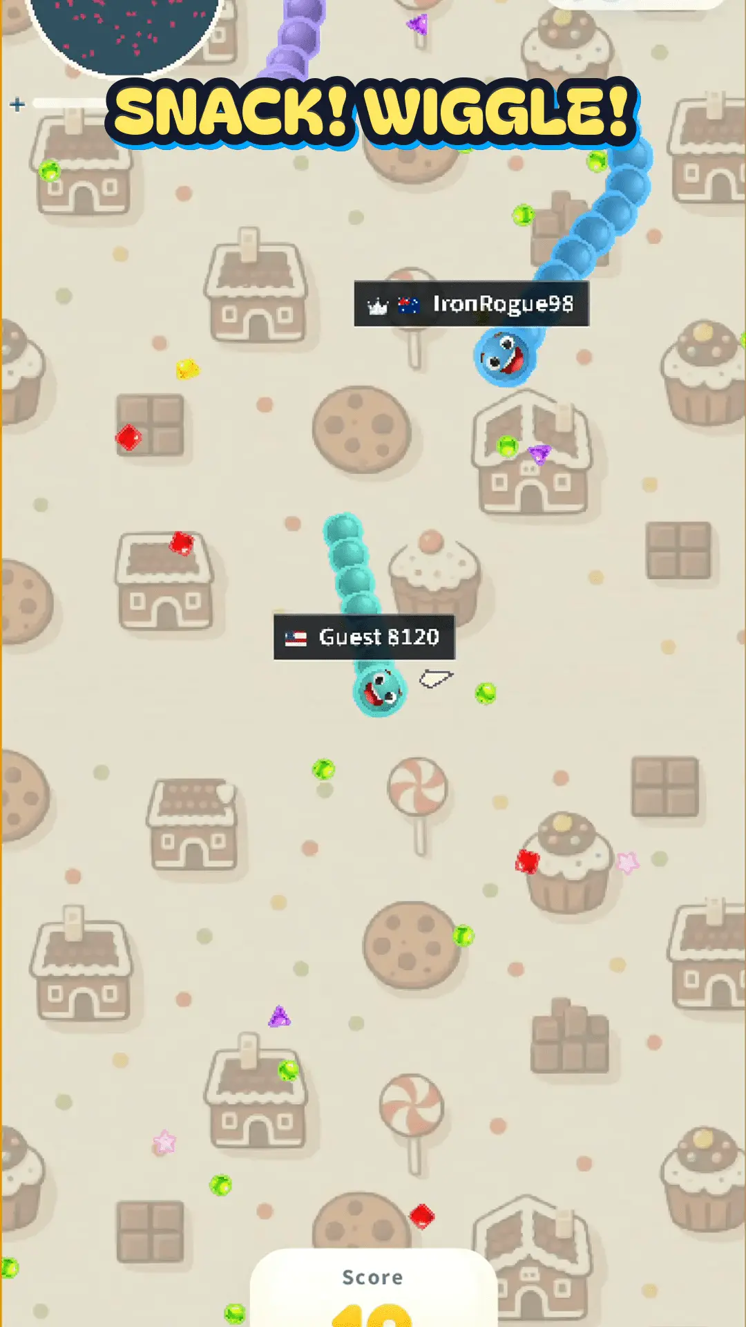 JellyWorms gameplay screen with a worm moving through the arena